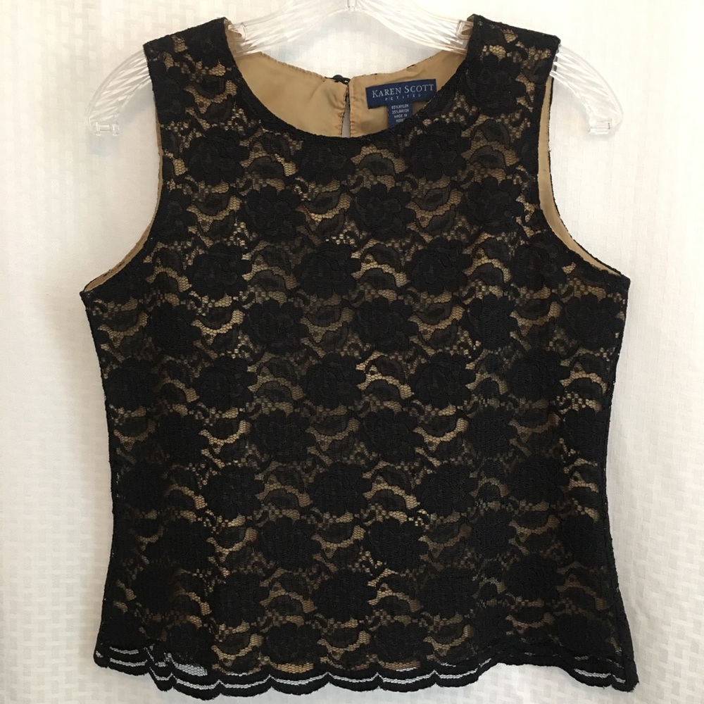 Karen Scott Petites Sleeveless Top Black Lace